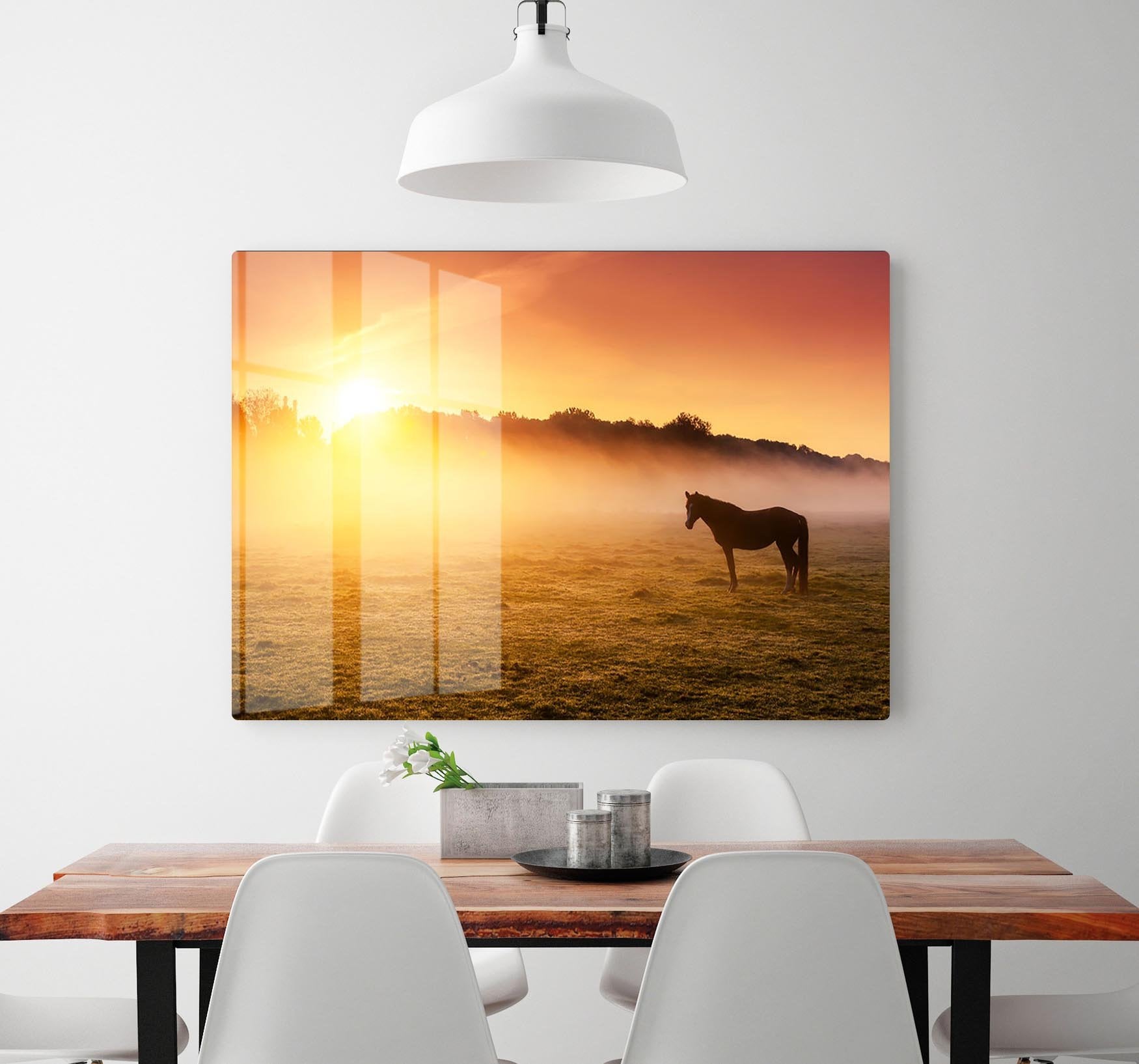 Arabian horses grazing on pasture at sundown in orange sunny beams. Dramatic foggy scene HD Metal Print - Canvas Art Rocks - 2