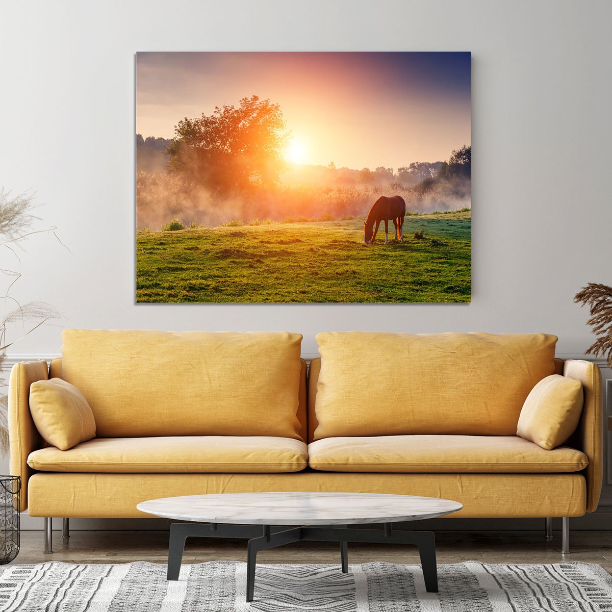 Arabian horses grazing on pasture at sundown in orange sunny beams Canvas Print or Poster