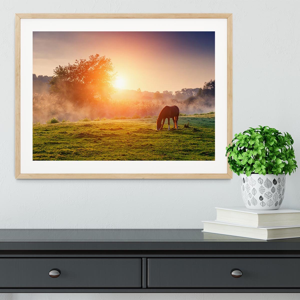 Arabian horses grazing on pasture at sundown in orange sunny beams Framed Print - Canvas Art Rocks - 3
