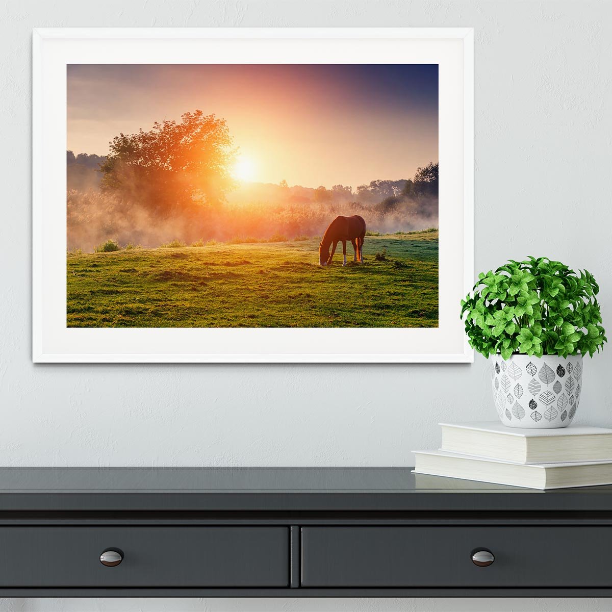 Arabian horses grazing on pasture at sundown in orange sunny beams Framed Print - Canvas Art Rocks - 5