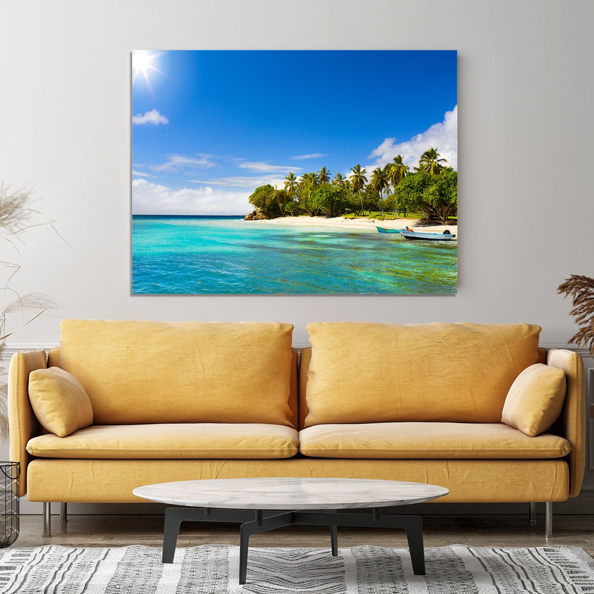 Art Caribbean beach with fishing boat Canvas Print or Poster