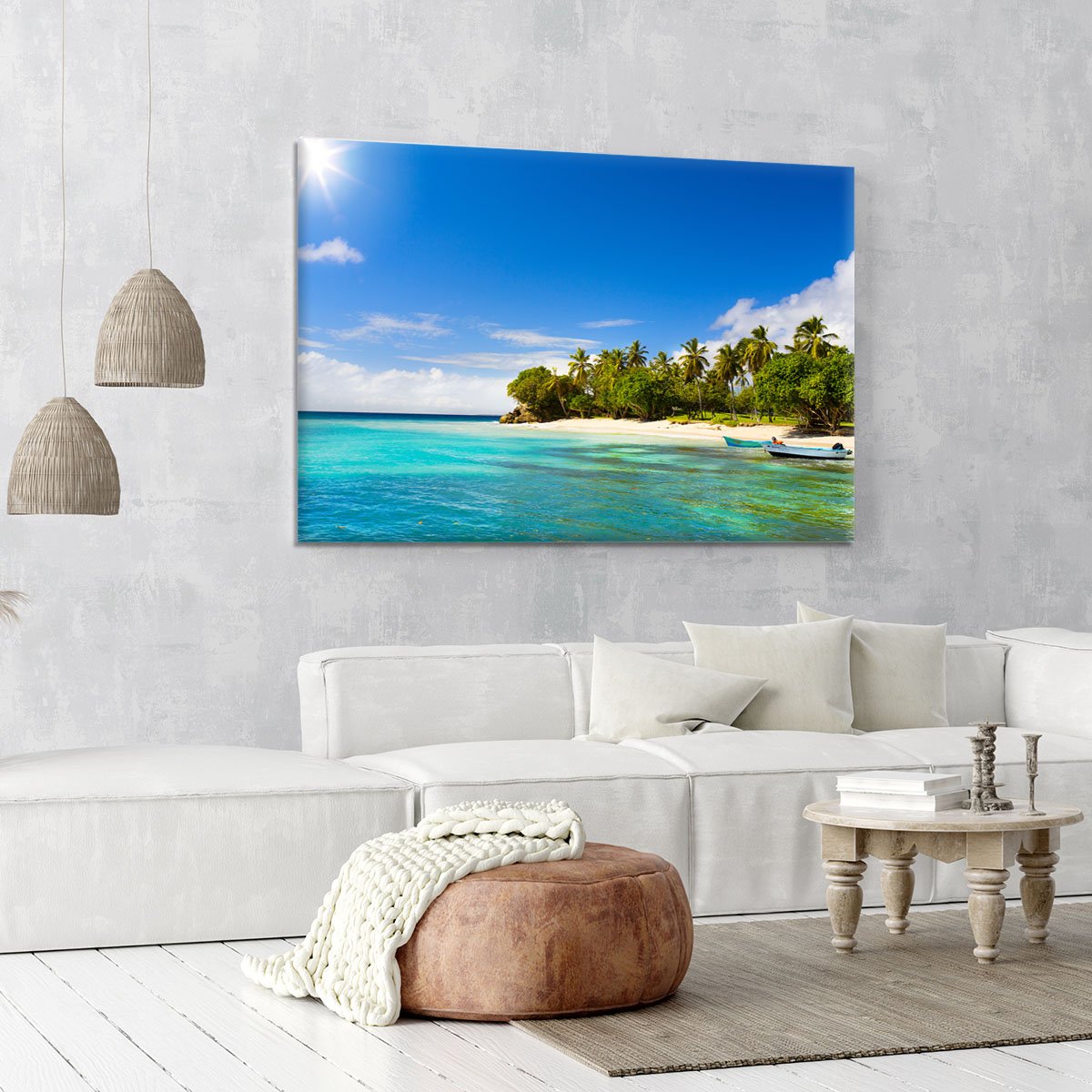 Art Caribbean beach with fishing boat Canvas Print or Poster