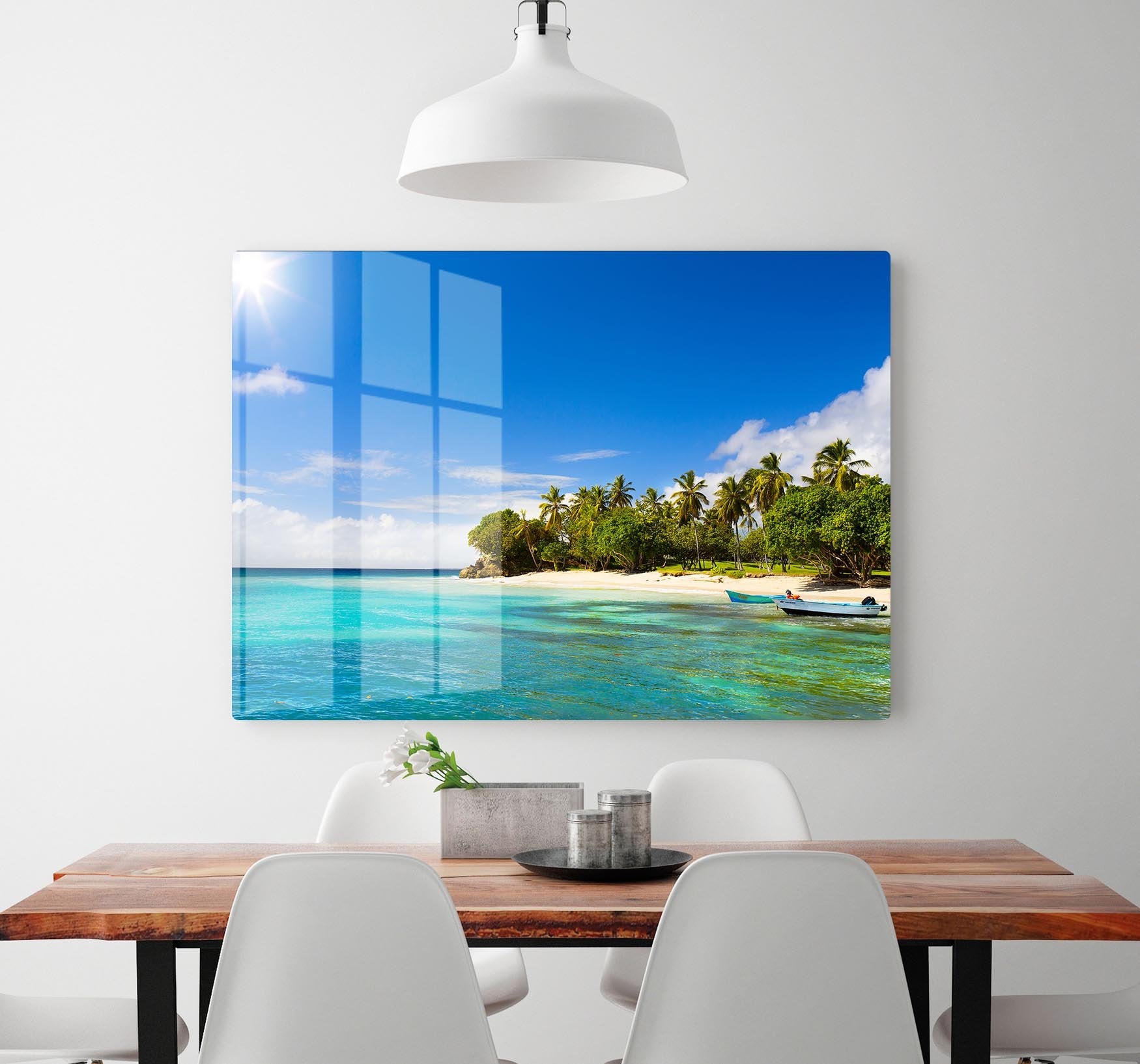 Art Caribbean beach with fishing boat HD Metal Print - Canvas Art Rocks - 2