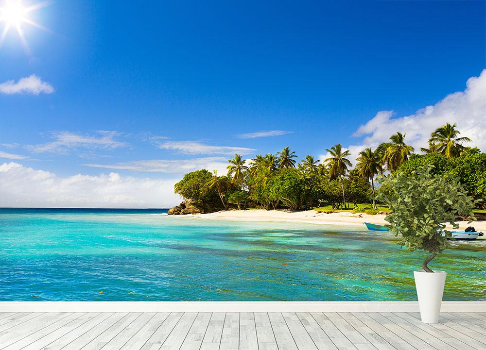 Art Caribbean beach with fishing boat Wall Mural Wallpaper - Canvas Art Rocks - 4