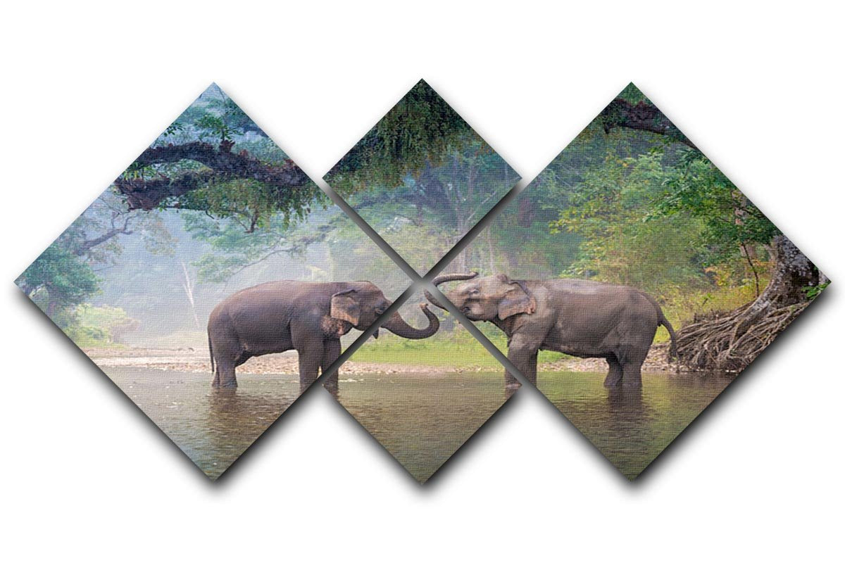 Asian Elephants in a natural river at deep forest 4 Square Multi Panel Canvas - Canvas Art Rocks - 1