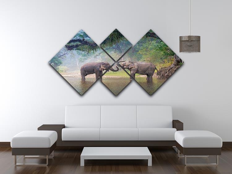 Asian Elephants in a natural river at deep forest 4 Square Multi Panel Canvas - Canvas Art Rocks - 3
