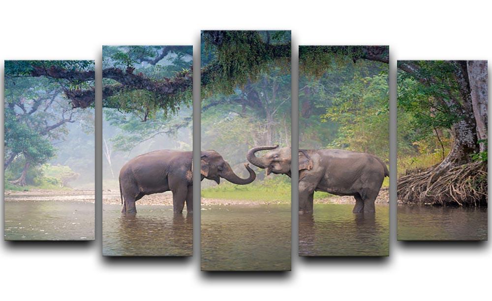 Asian Elephants in a natural river at deep forest 5 Split Panel Canvas - Canvas Art Rocks - 1