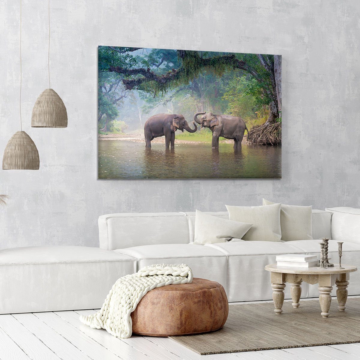 Asian Elephants in a natural river at deep forest Canvas Print or Poster