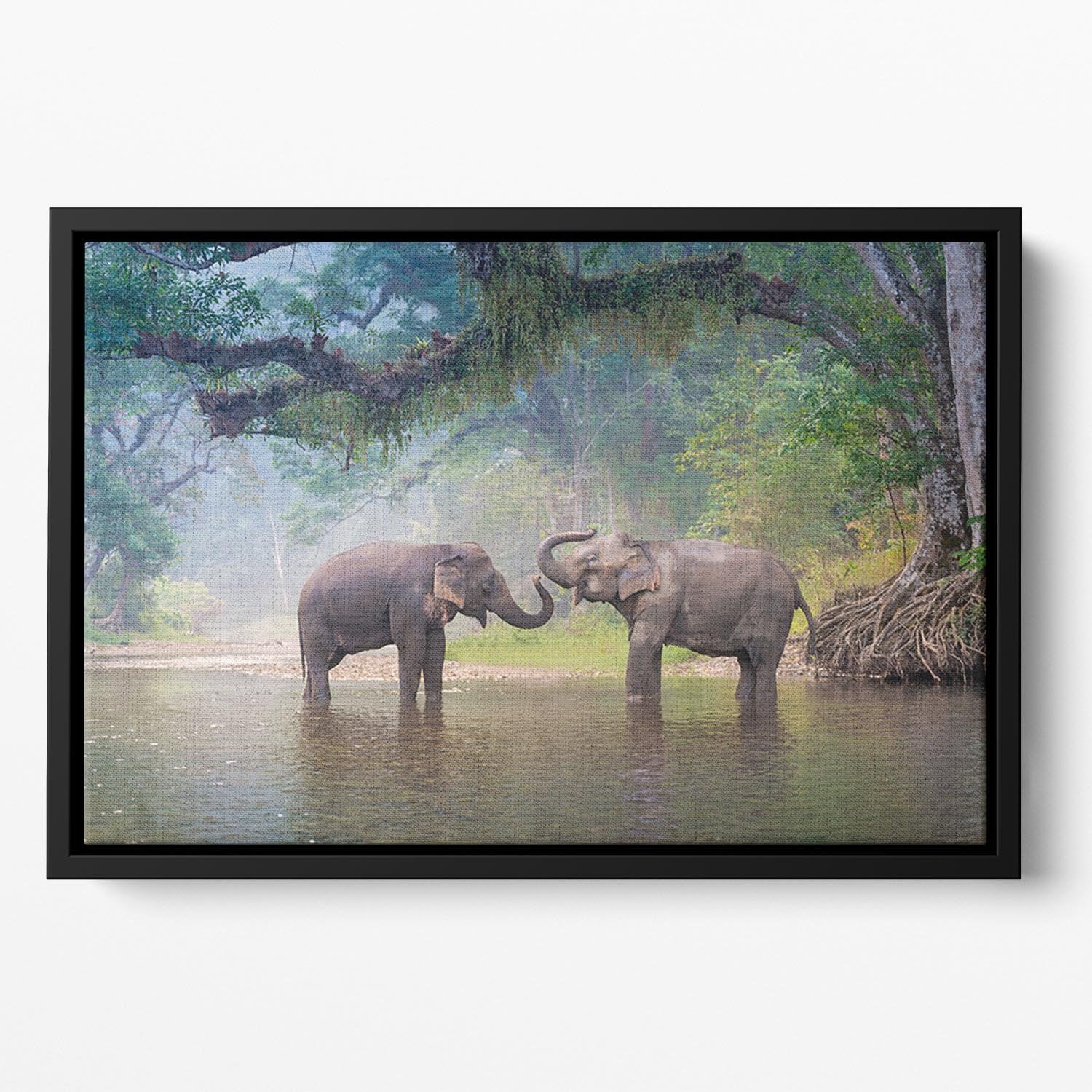 Asian Elephants in a natural river at deep forest Floating Framed Canvas - Canvas Art Rocks - 2