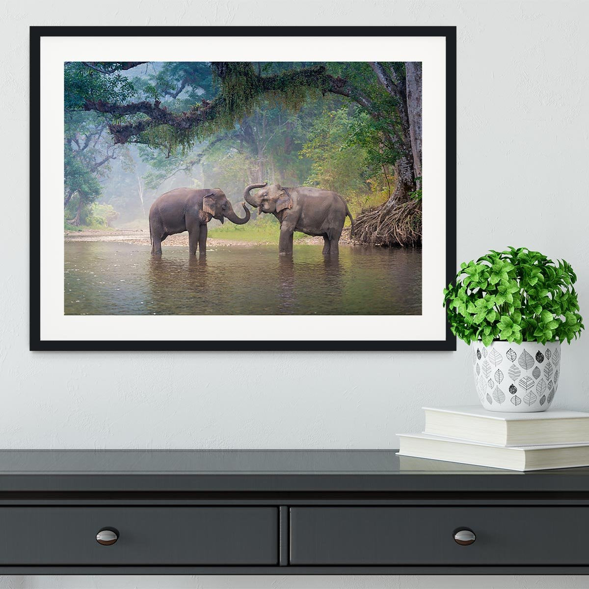 Asian Elephants in a natural river at deep forest Framed Print - Canvas Art Rocks - 1