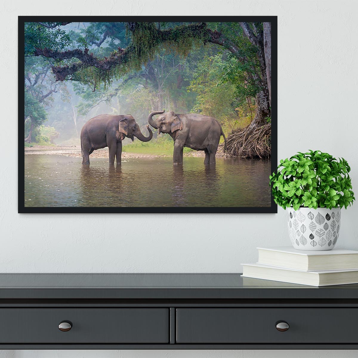 Asian Elephants in a natural river at deep forest Framed Print - Canvas Art Rocks - 2