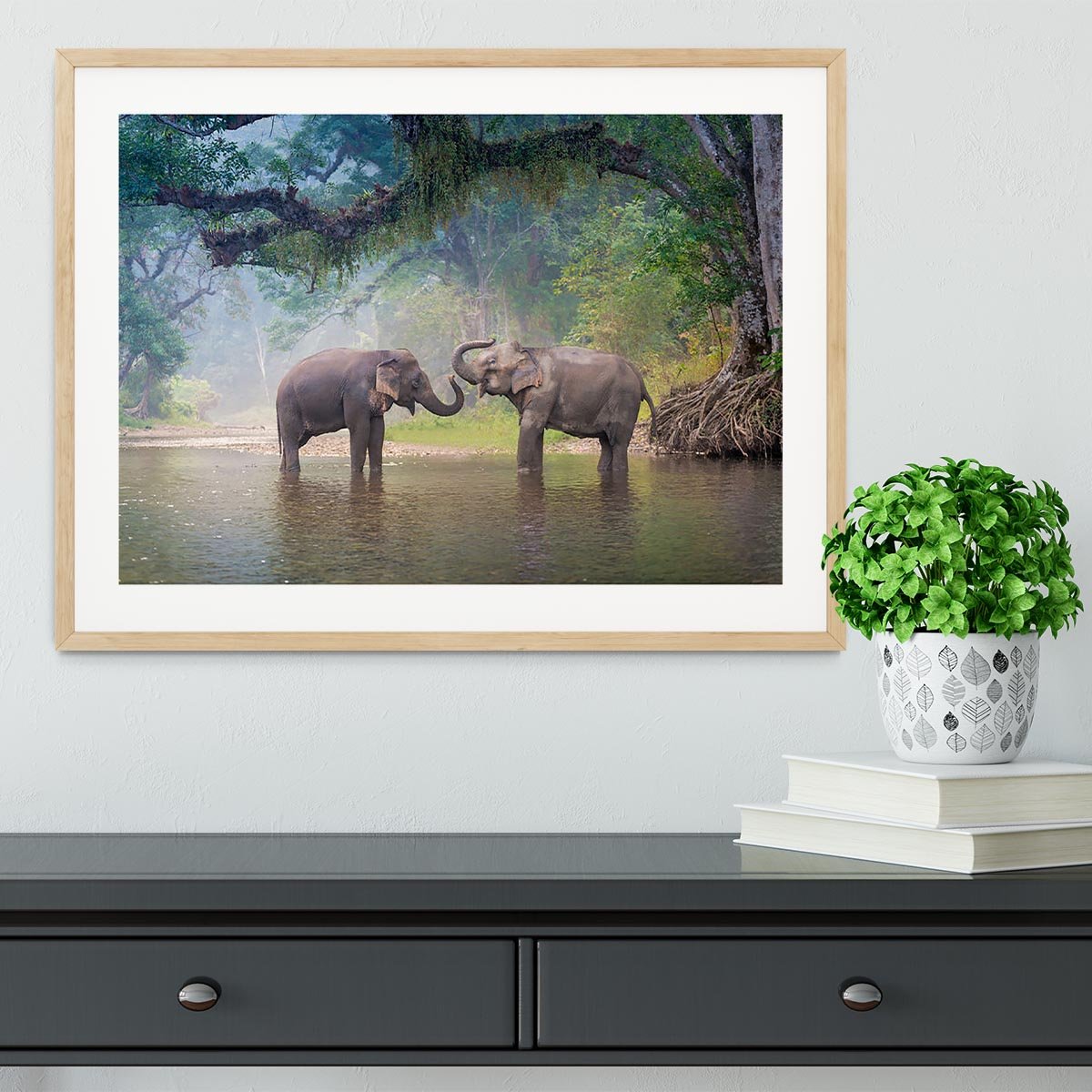 Asian Elephants in a natural river at deep forest Framed Print - Canvas Art Rocks - 3