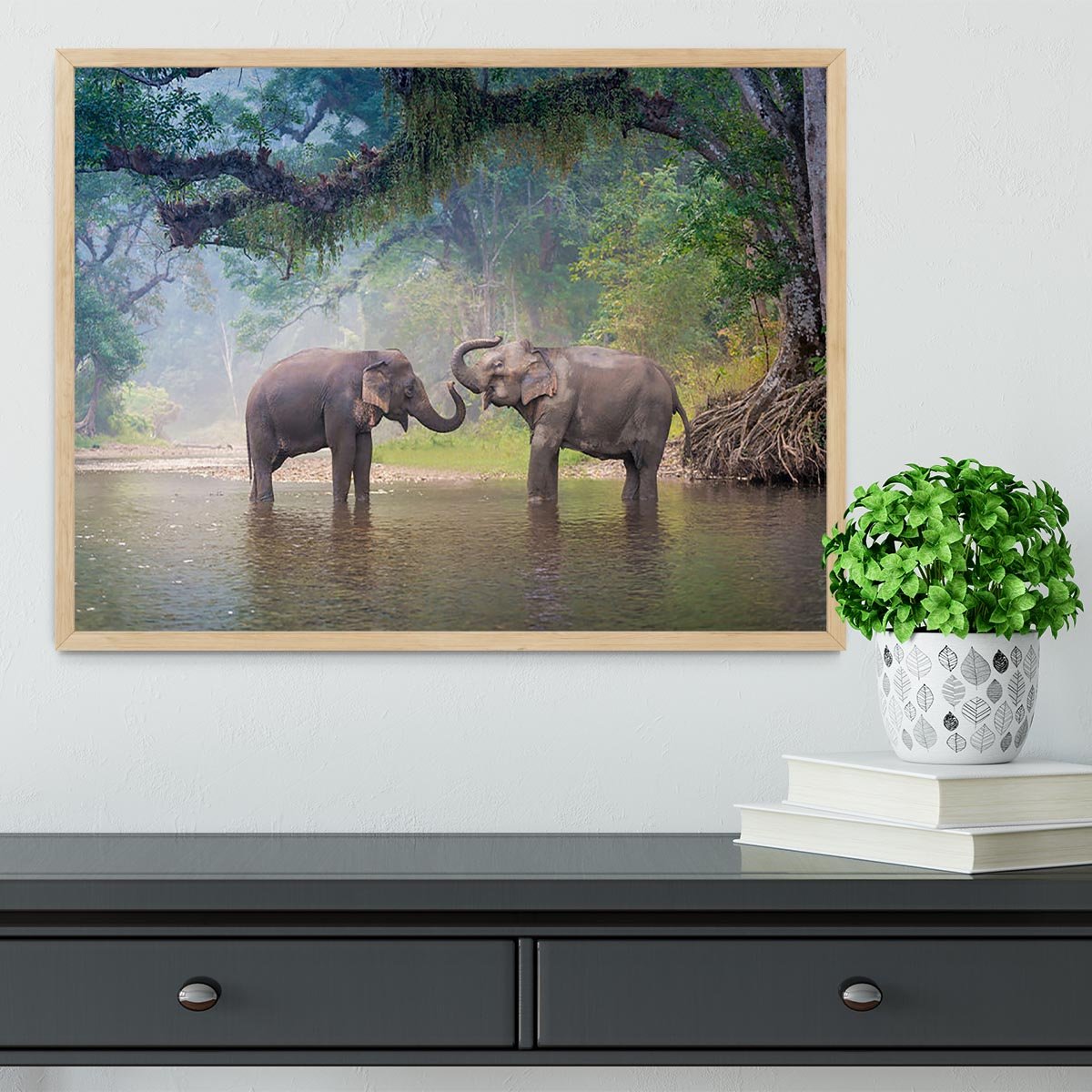 Asian Elephants in a natural river at deep forest Framed Print - Canvas Art Rocks - 4
