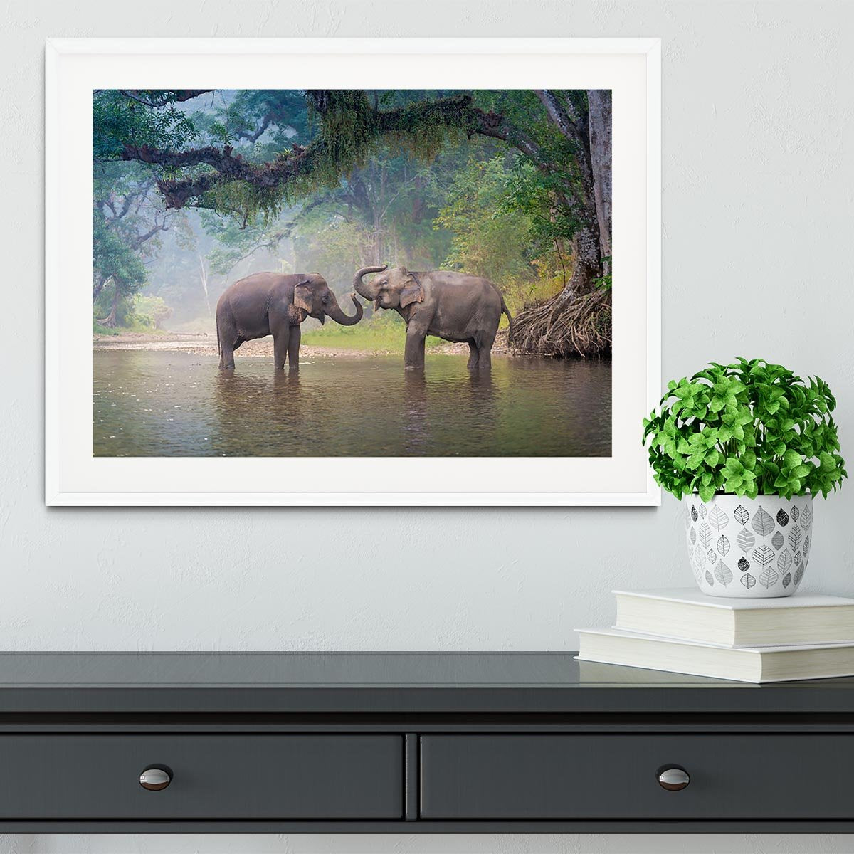 Asian Elephants in a natural river at deep forest Framed Print - Canvas Art Rocks - 5