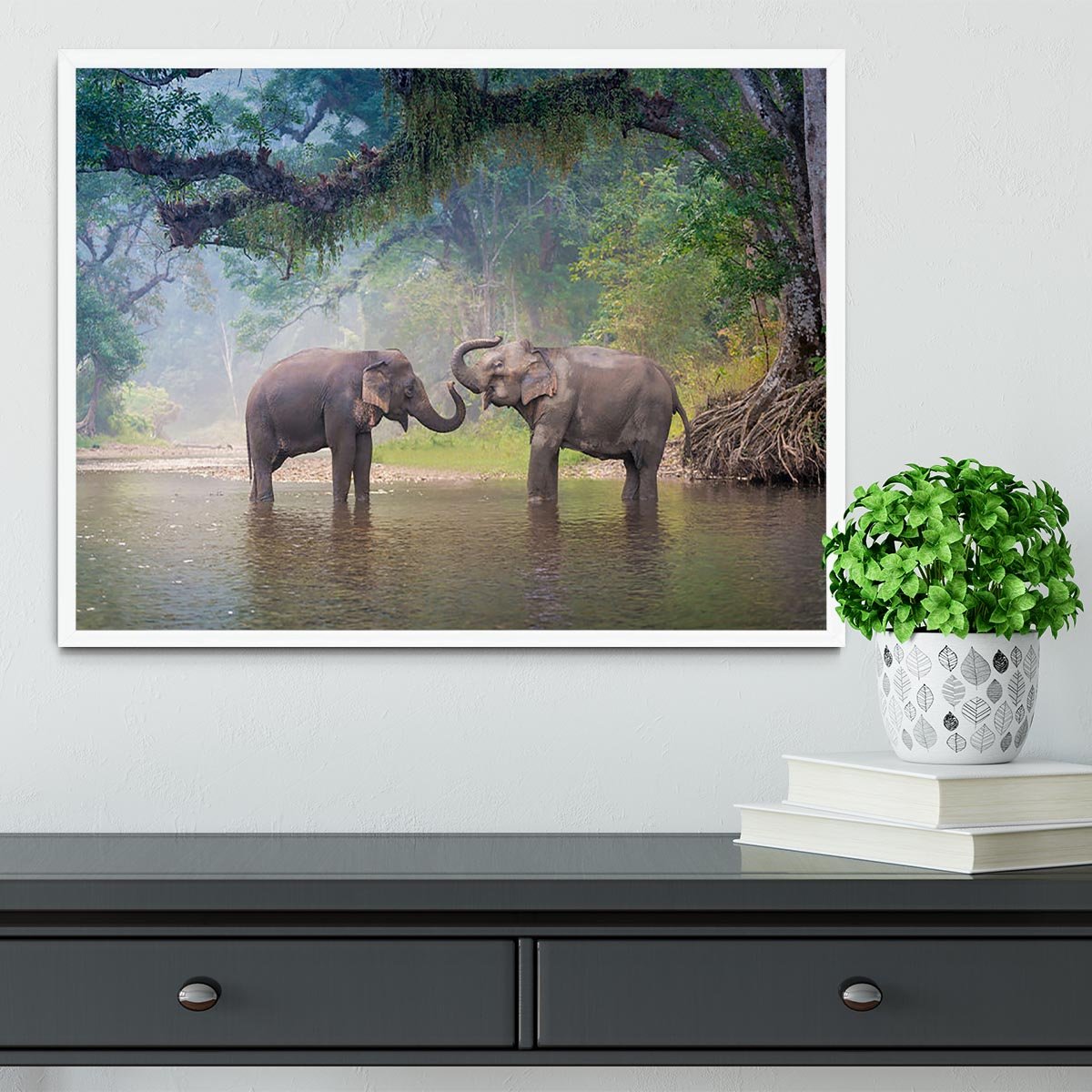 Asian Elephants in a natural river at deep forest Framed Print - Canvas Art Rocks -6