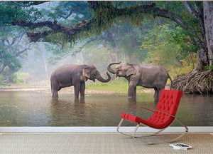 Asian Elephants in a natural river at deep forest Wall Mural Wallpaper - Canvas Art Rocks - 2