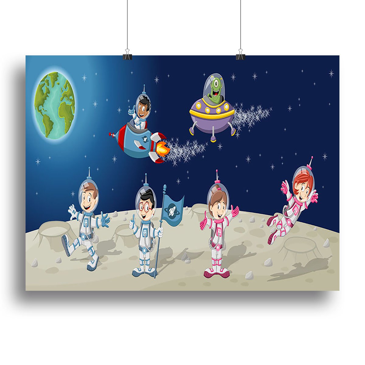 Astronaut cartoon characters on the moon with the alien spaceship Canvas Print or Poster