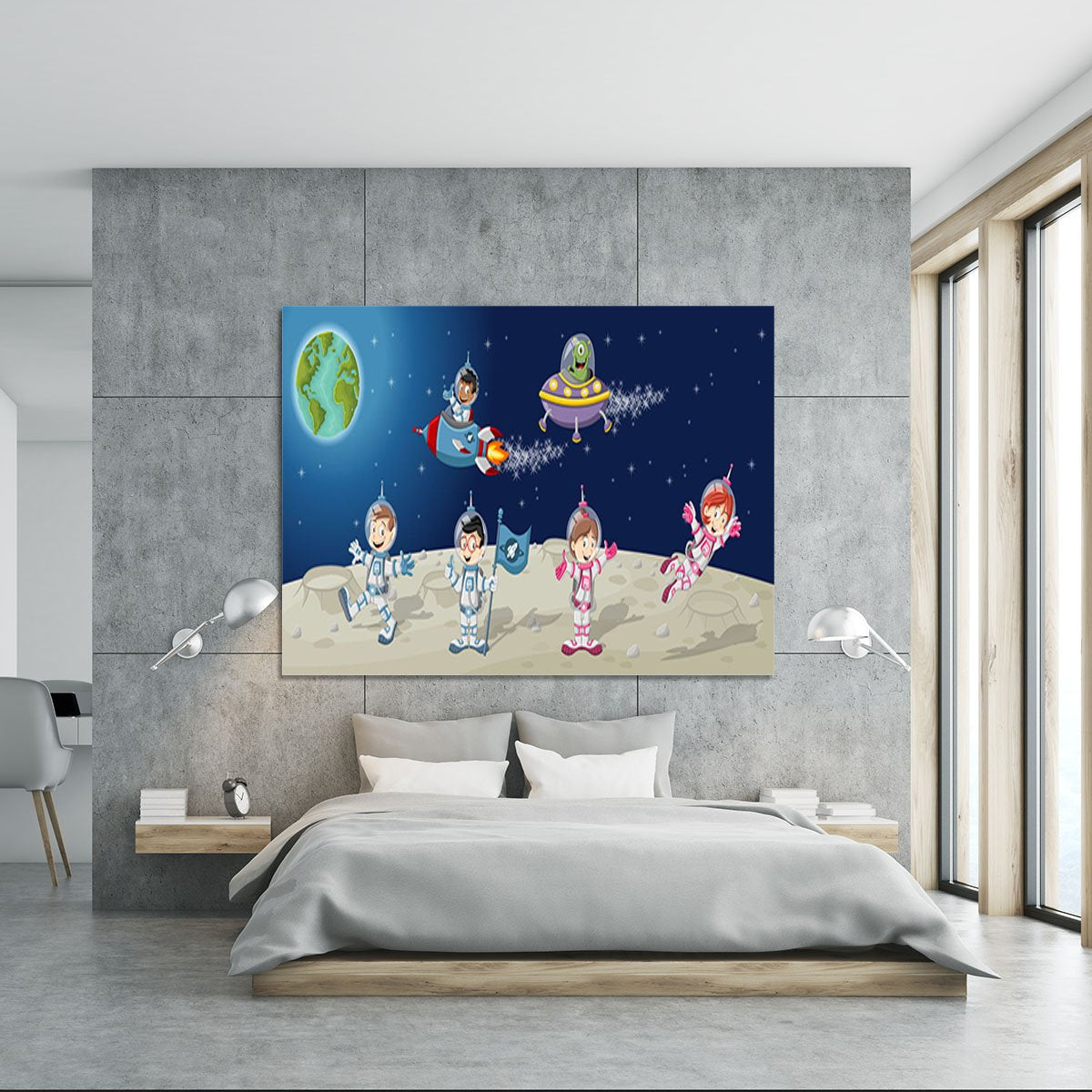 Astronaut cartoon characters on the moon with the alien spaceship Canvas Print or Poster