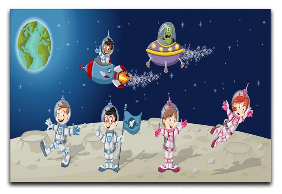 Astronaut cartoon characters on the moon with the alien spaceship Canvas Print or Poster  - Canvas Art Rocks - 1