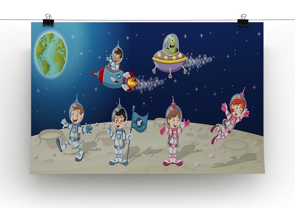 Astronaut cartoon characters on the moon with the alien spaceship Canvas Print or Poster - Canvas Art Rocks - 2