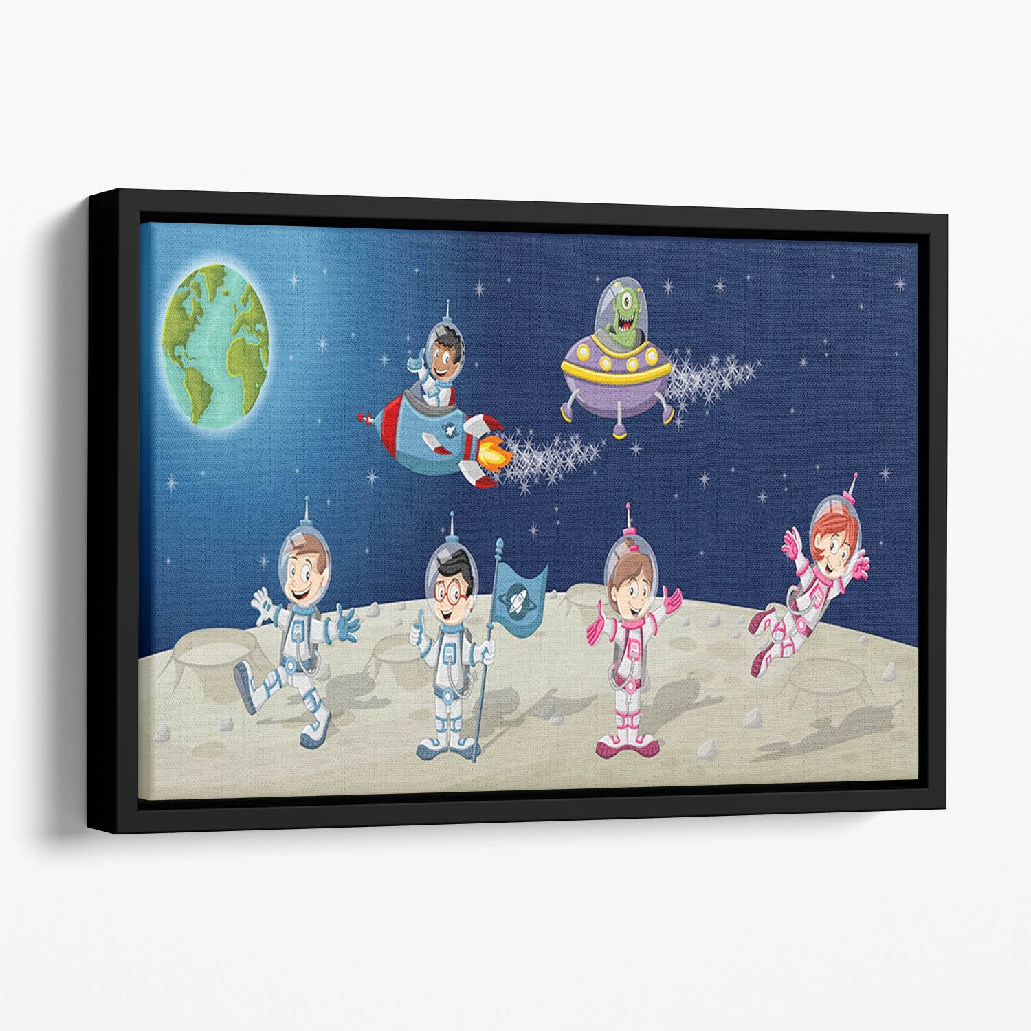 Astronaut cartoon characters on the moon with the alien spaceship Floating Framed Canvas