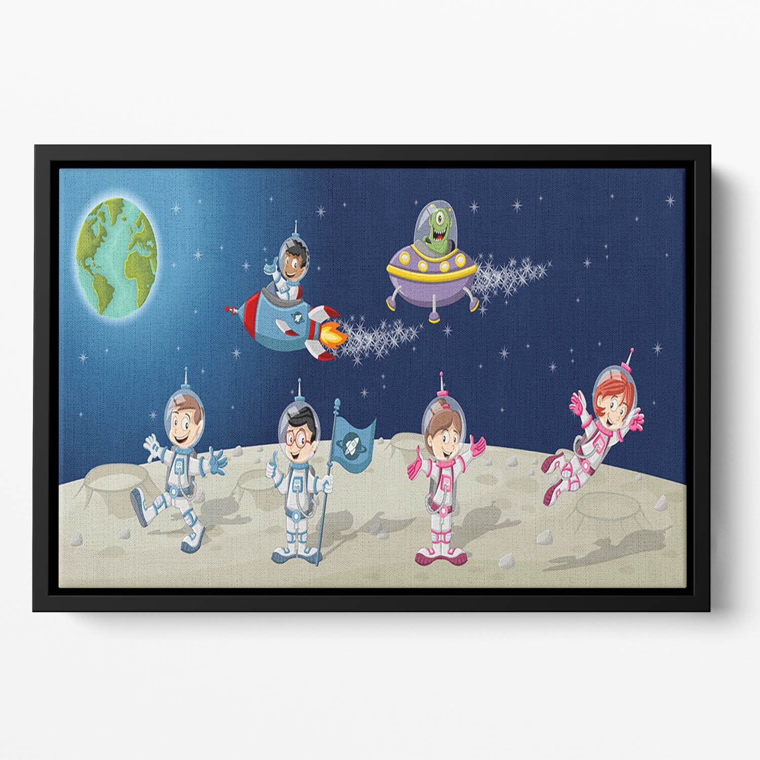 Astronaut cartoon characters on the moon with the alien spaceship Floating Framed Canvas