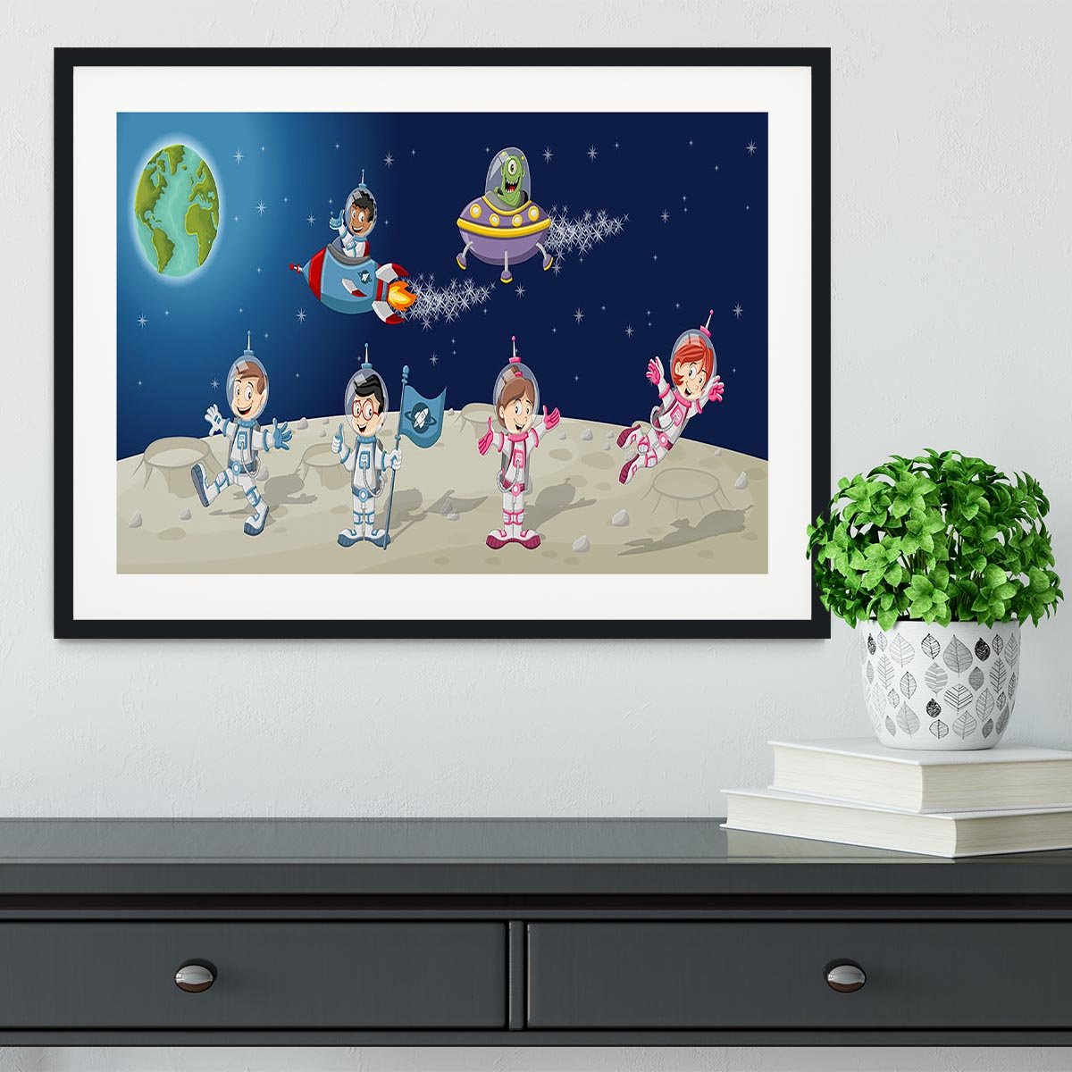 Astronaut cartoon characters on the moon with the alien spaceship Framed Print - Canvas Art Rocks - 1