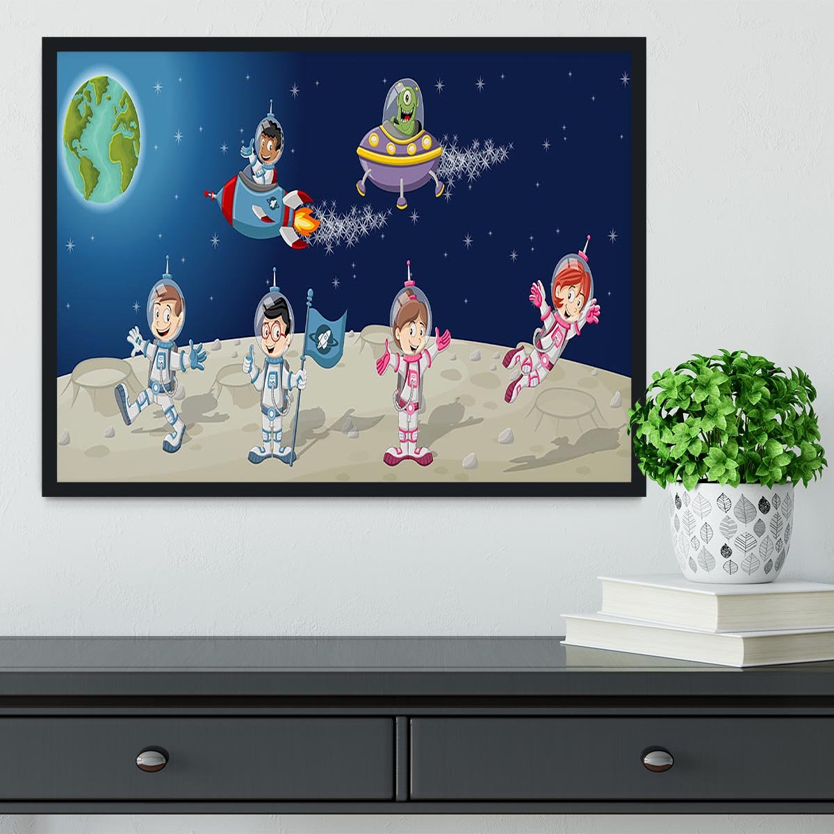 Astronaut cartoon characters on the moon with the alien spaceship Framed Print - Canvas Art Rocks - 2