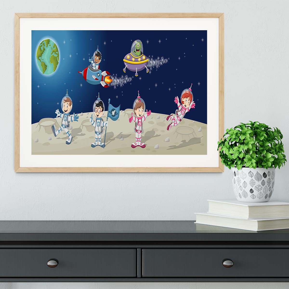 Astronaut cartoon characters on the moon with the alien spaceship Framed Print - Canvas Art Rocks - 3