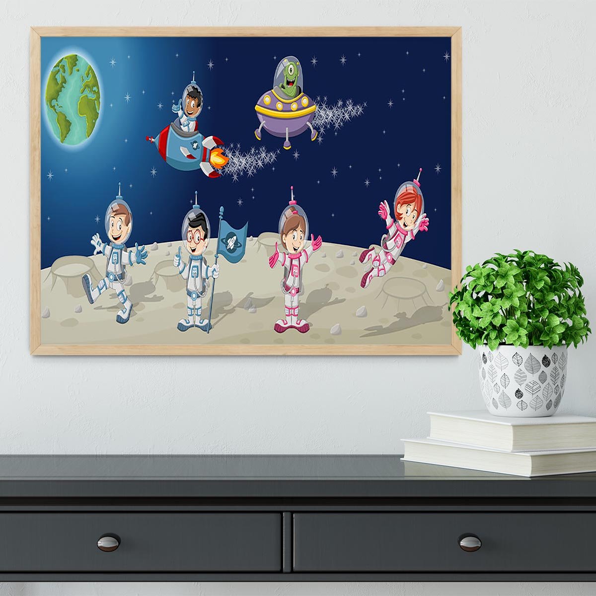 Astronaut cartoon characters on the moon with the alien spaceship Framed Print - Canvas Art Rocks - 4