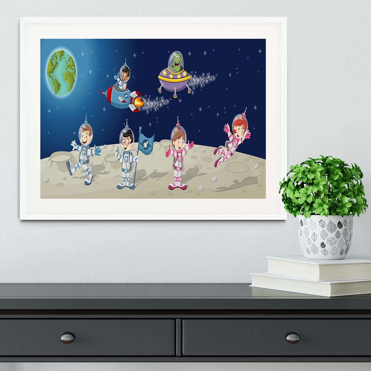 Astronaut cartoon characters on the moon with the alien spaceship Framed Print - Canvas Art Rocks - 5