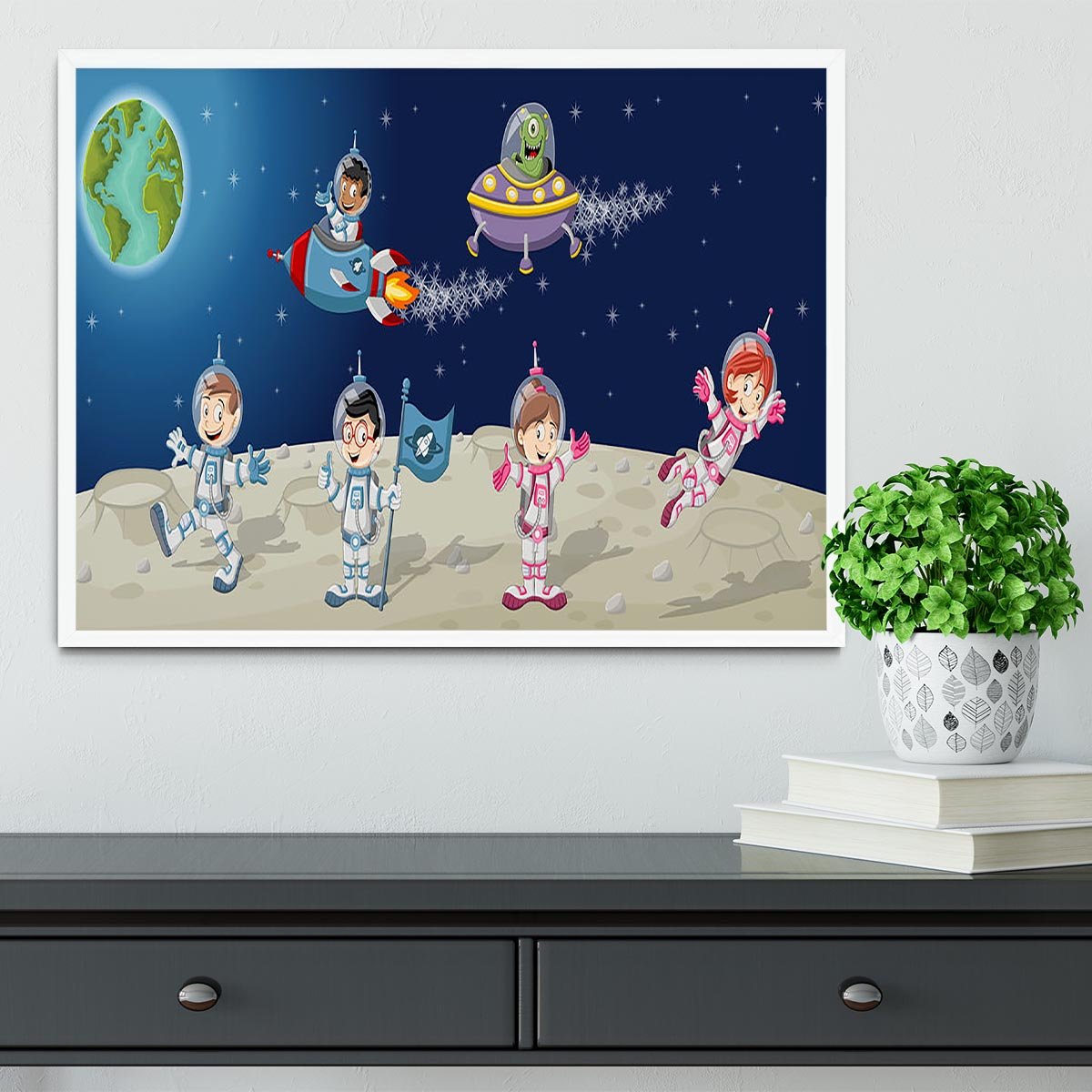 Astronaut cartoon characters on the moon with the alien spaceship Framed Print - Canvas Art Rocks -6
