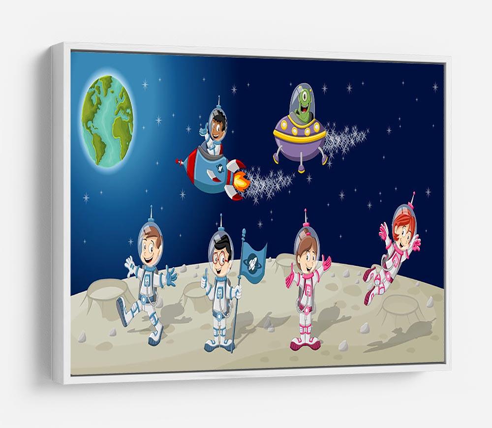 Astronaut cartoon characters on the moon with the alien spaceship HD Metal Print