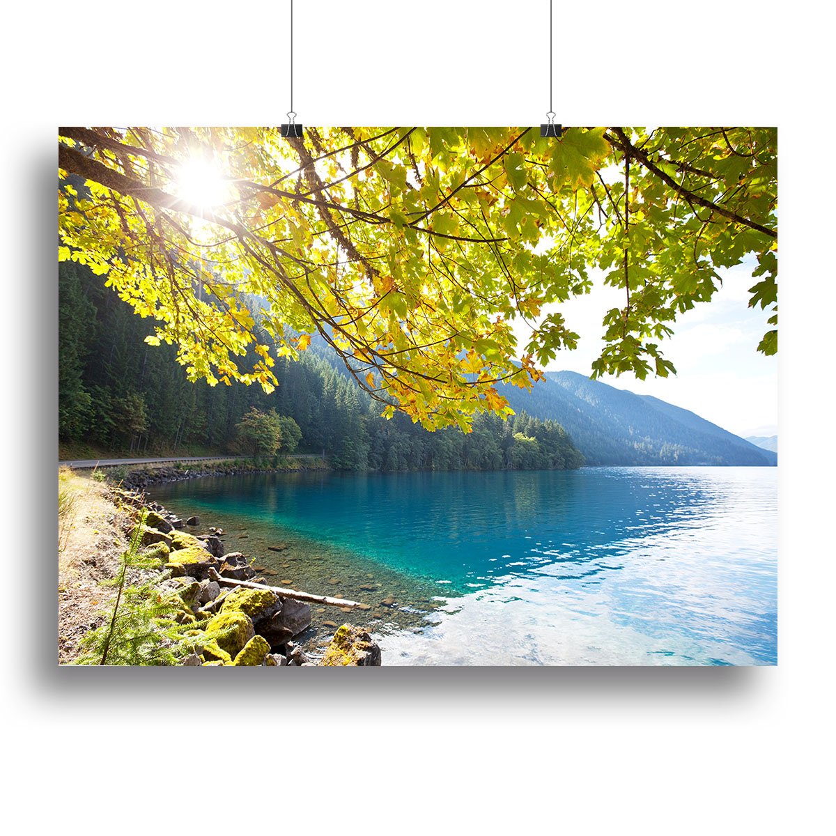Autumn sun flare on lake Canvas Print or Poster