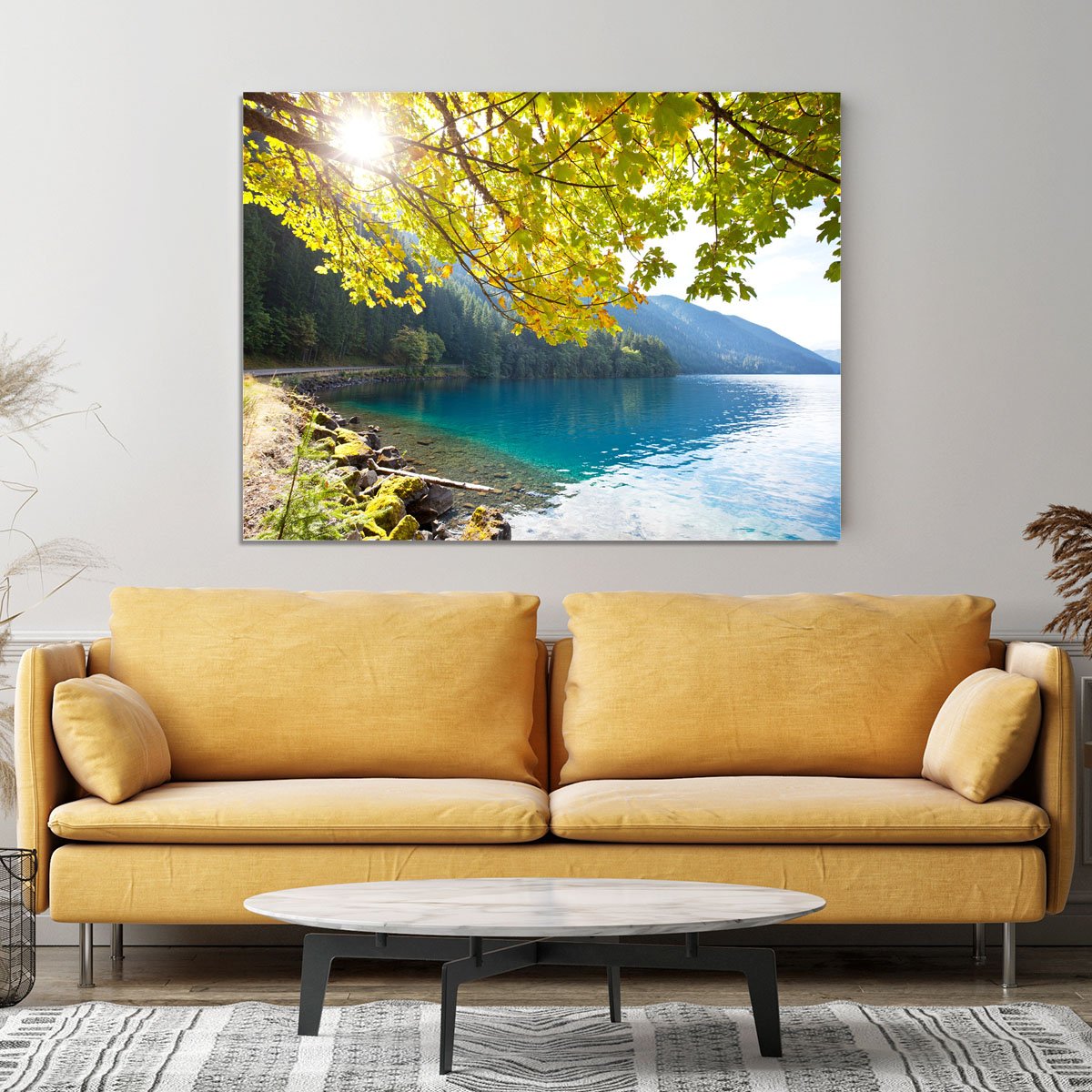 Autumn sun flare on lake Canvas Print or Poster