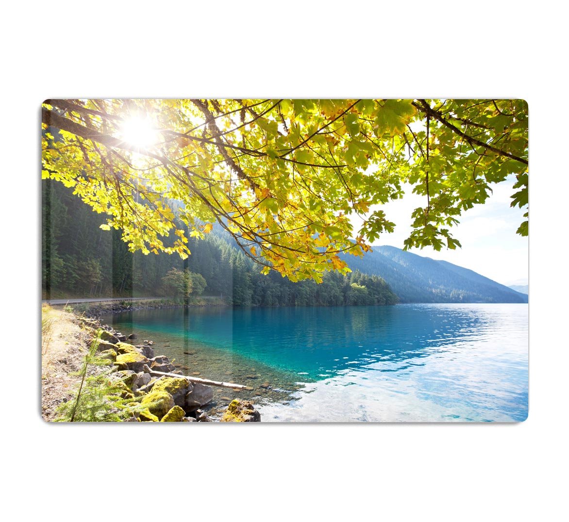Autumn sun flare on lake HD Metal Print