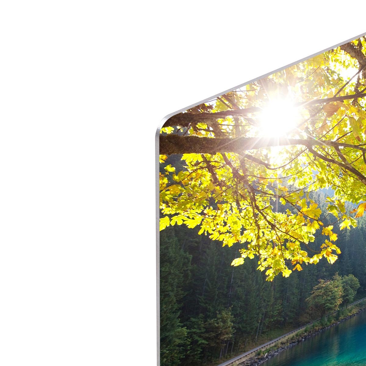 Autumn sun flare on lake HD Metal Print