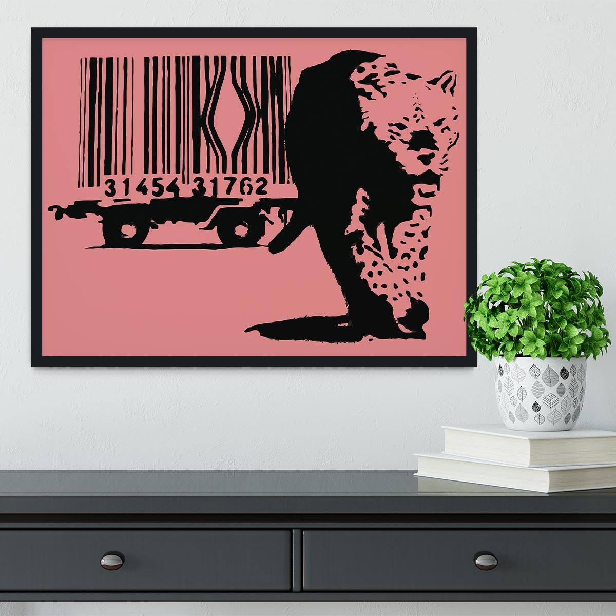 Banksy Barcode Leopard Red Framed Print - Canvas Art Rocks - 2