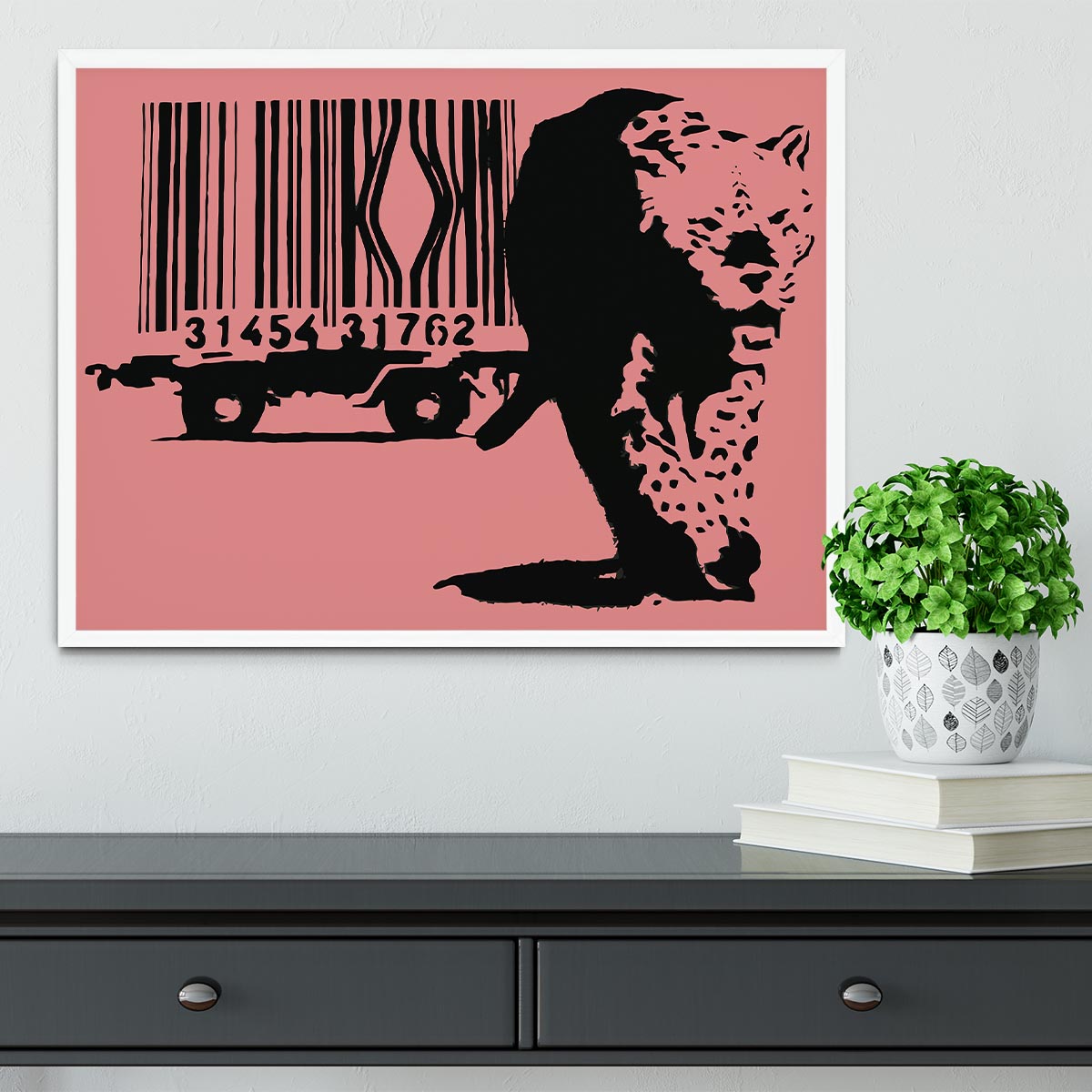 Banksy Barcode Leopard Red Framed Print - Canvas Art Rocks -6