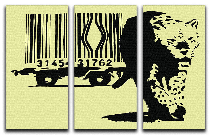 Banksy Barcode Leopard Yellow 3 Split Panel Canvas Print - Canvas Art Rocks - 1