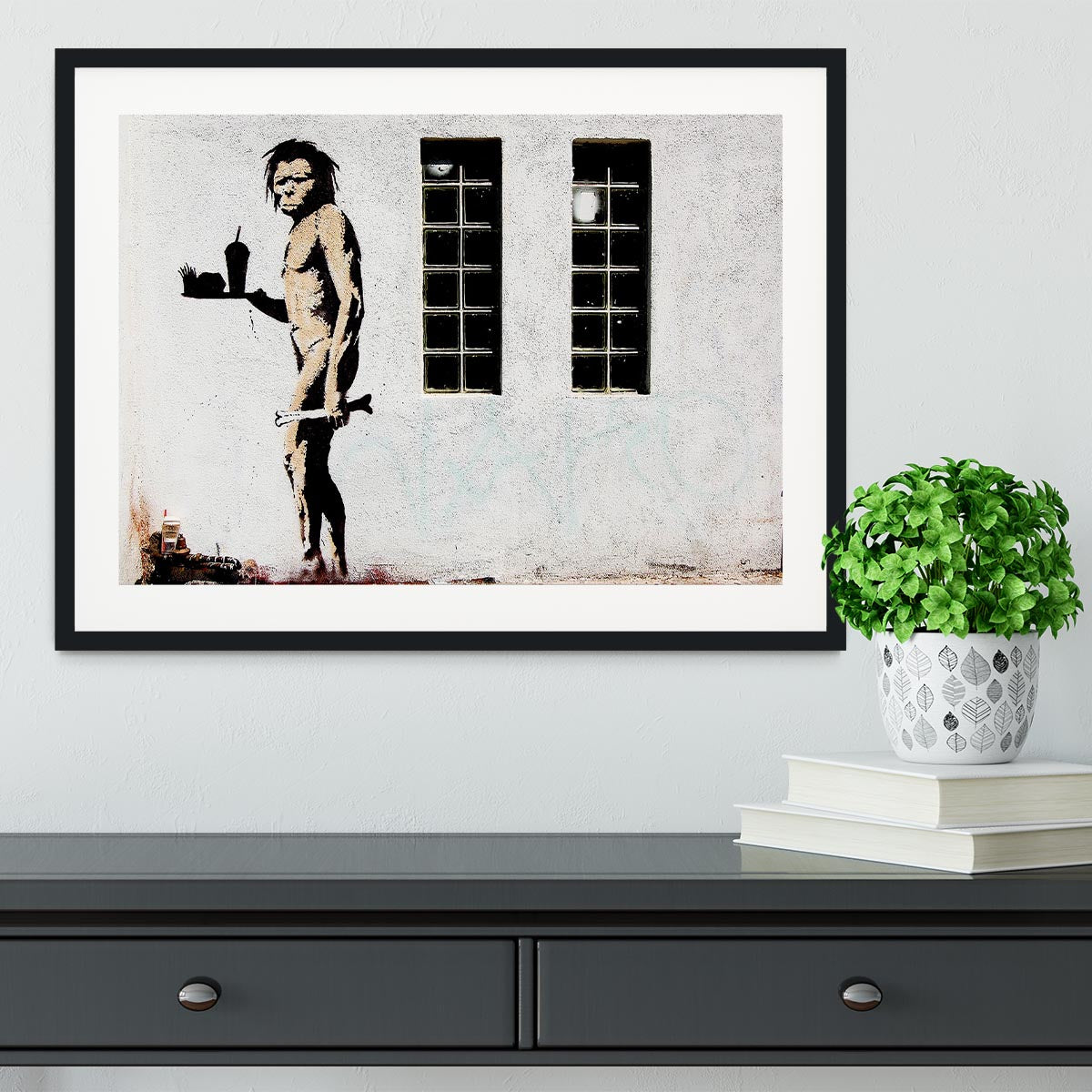 Banksy Caveman Takeaway Framed Print - Canvas Art Rocks - 1