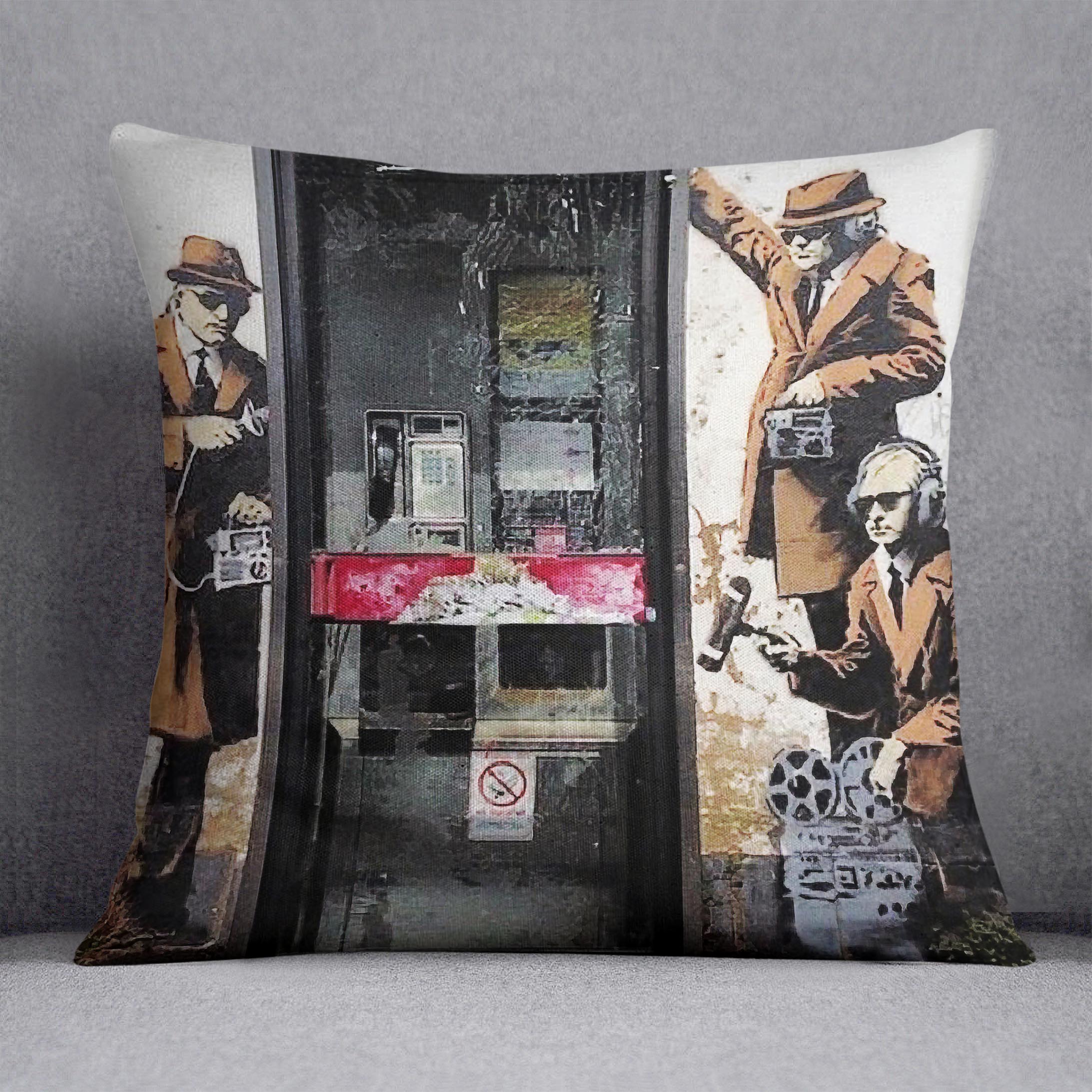 Banksy Cheltenham Telephone Box Spies Cushion