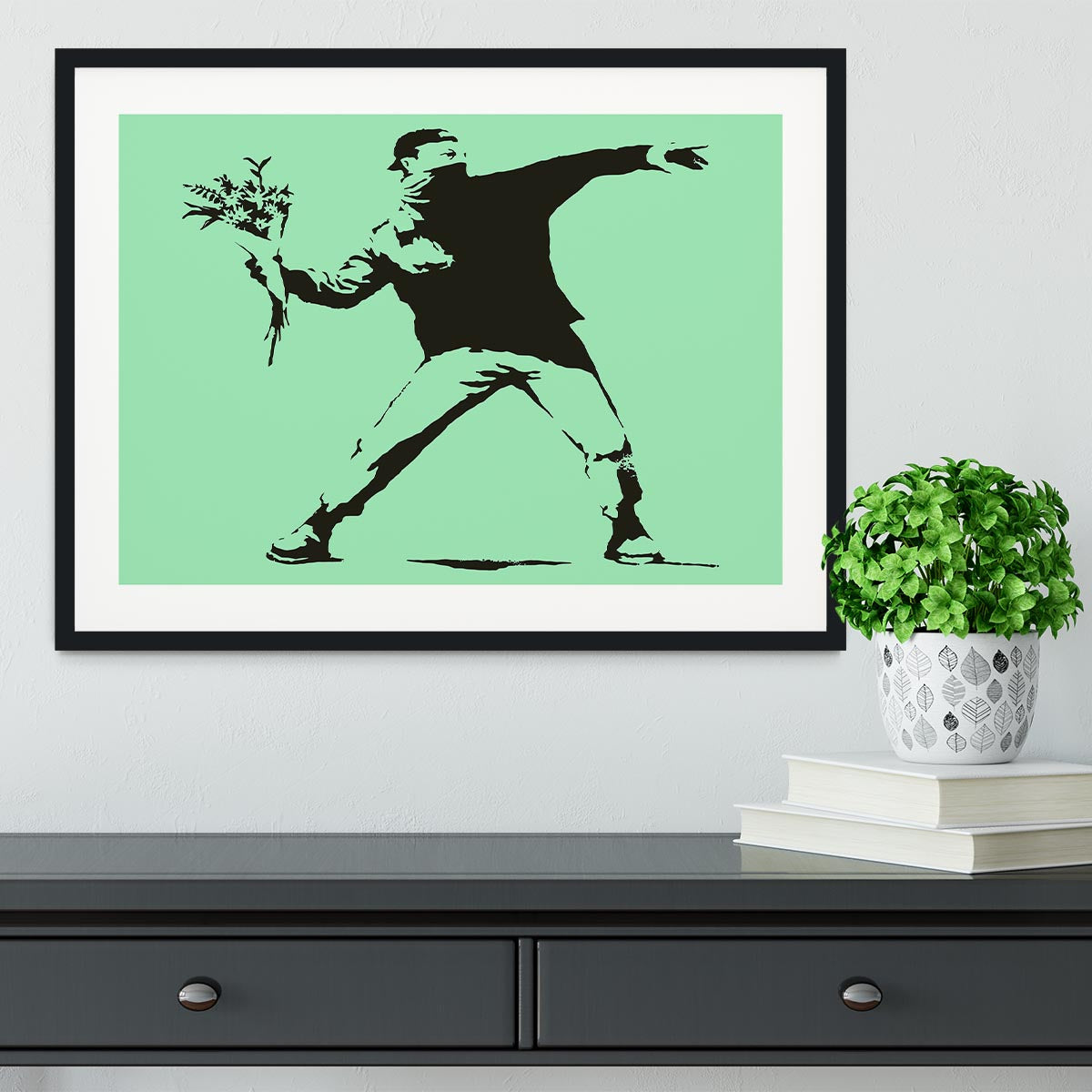 Banksy Flower Thrower Green Framed Print - Canvas Art Rocks - 1
