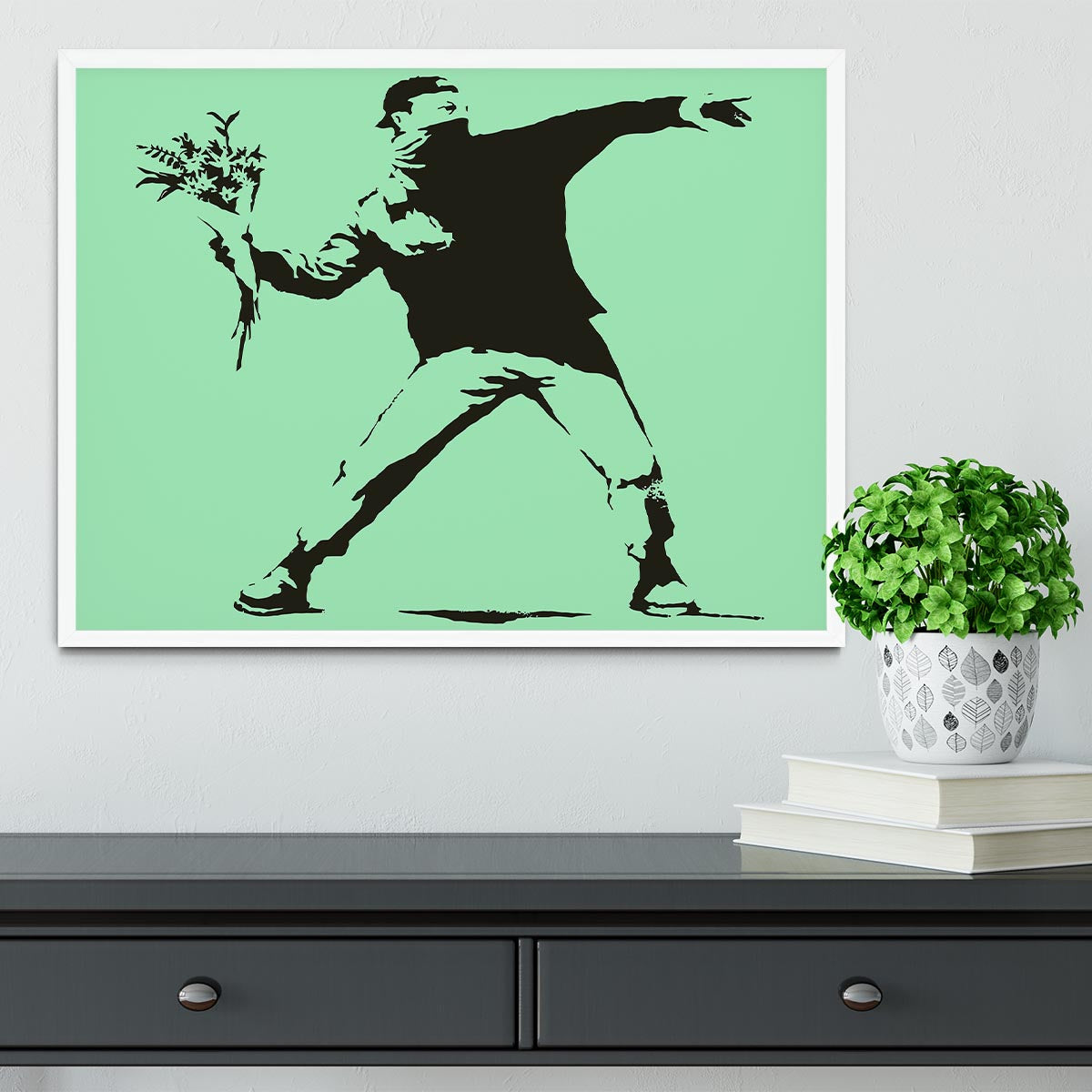 Banksy Flower Thrower Green Framed Print - Canvas Art Rocks -6