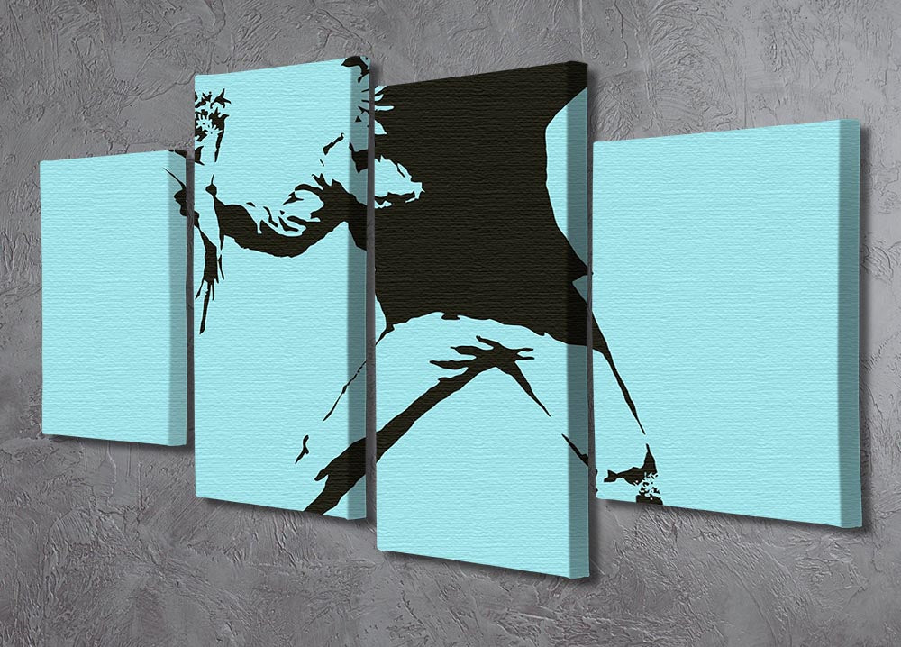 Banksy Flower Thrower Light Blue 4 Split Panel Canvas - Canvas Art Rocks - 2