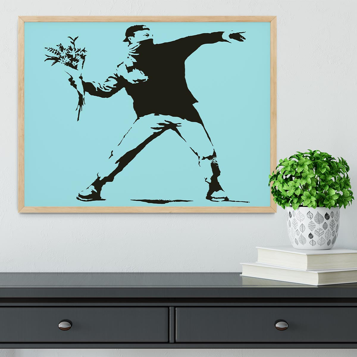 Banksy Flower Thrower Light Blue Framed Print - Canvas Art Rocks - 4