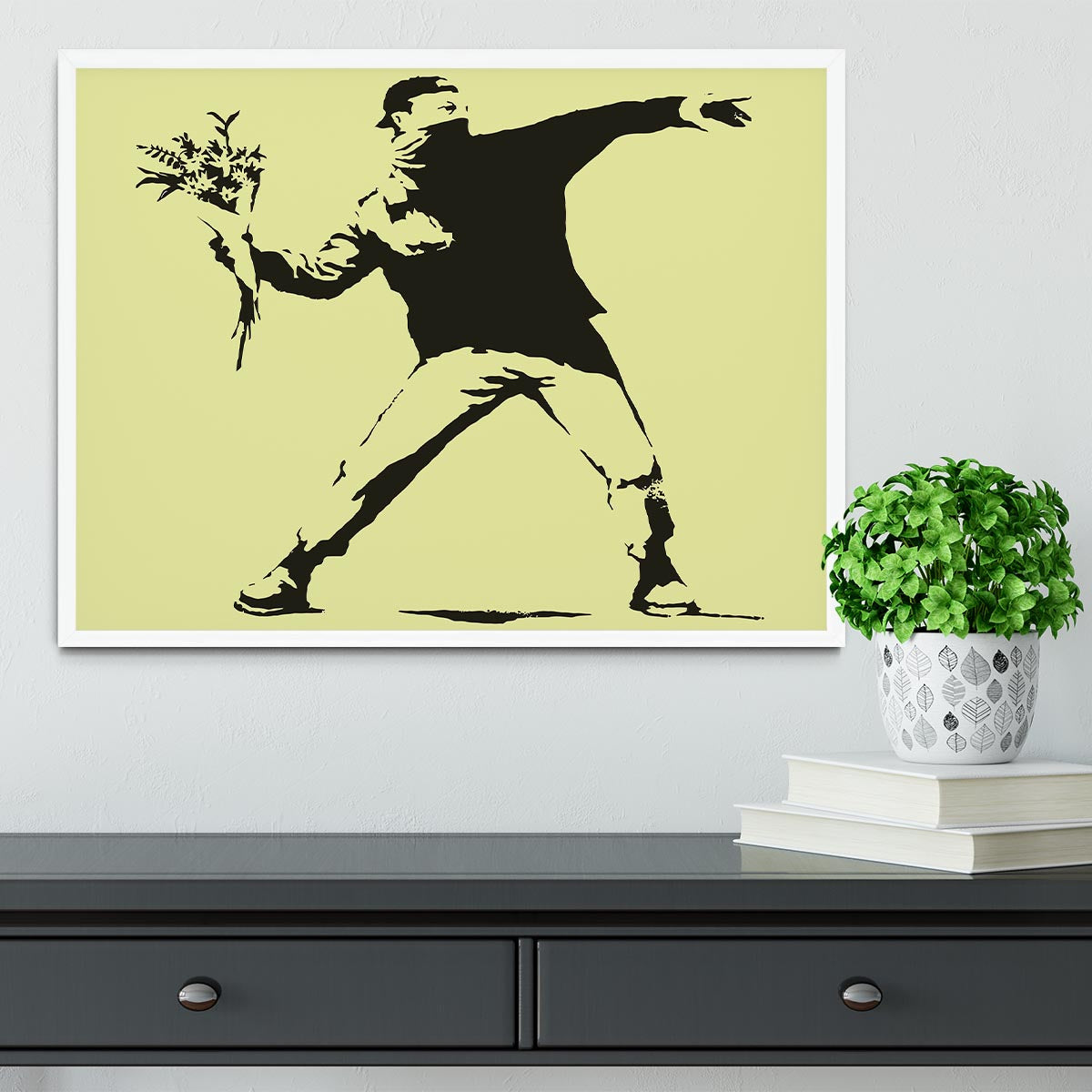Banksy Flower Thrower Yellow Framed Print - Canvas Art Rocks -6