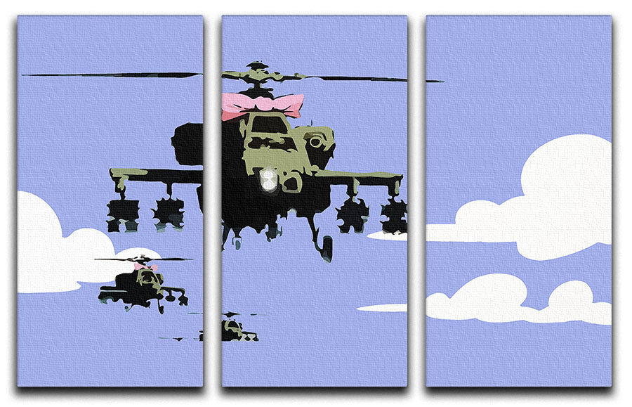 Banksy Friendly Helicopters Blue 3 Split Panel Canvas Print - Canvas Art Rocks - 1