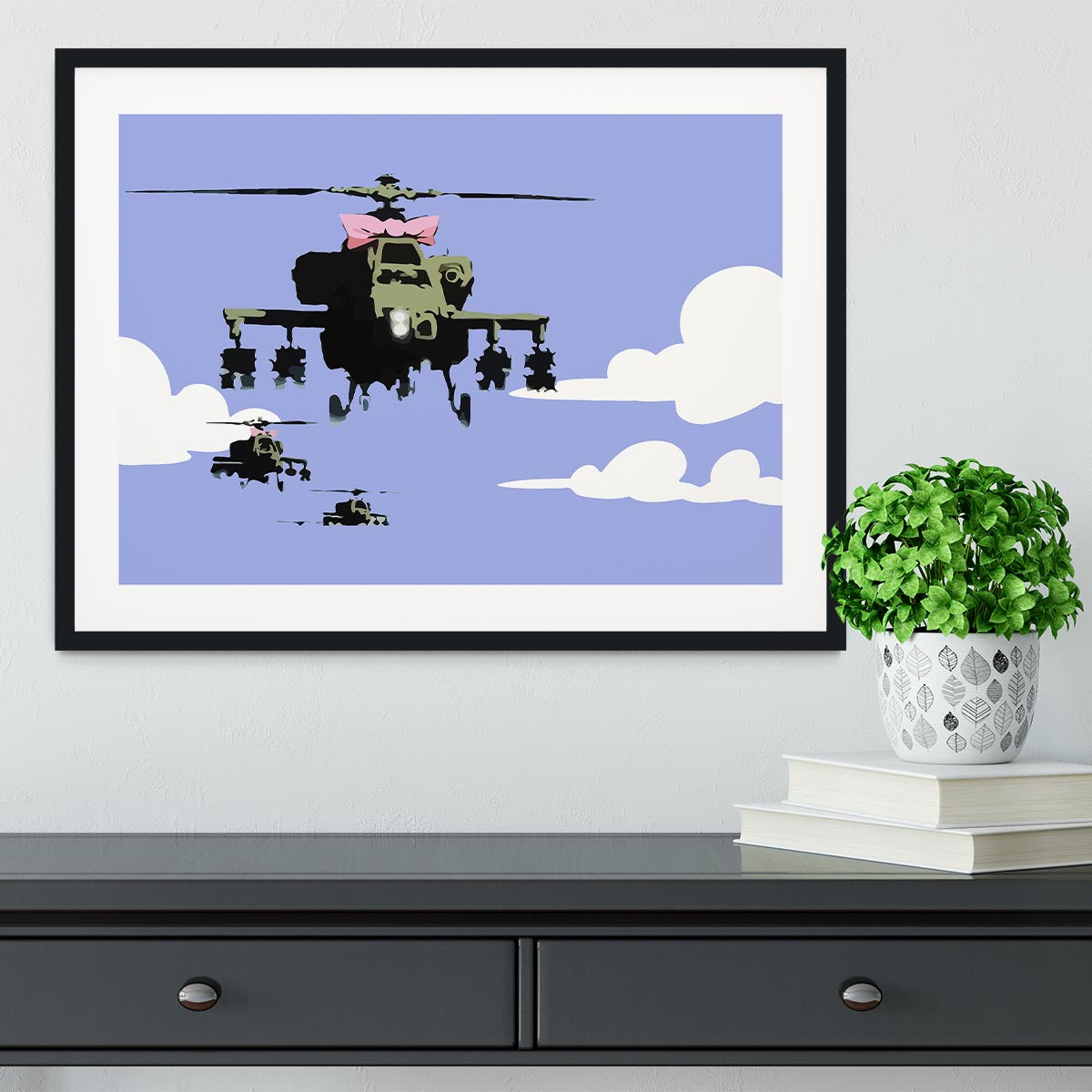 Banksy Friendly Helicopters Blue Framed Print - Canvas Art Rocks - 1