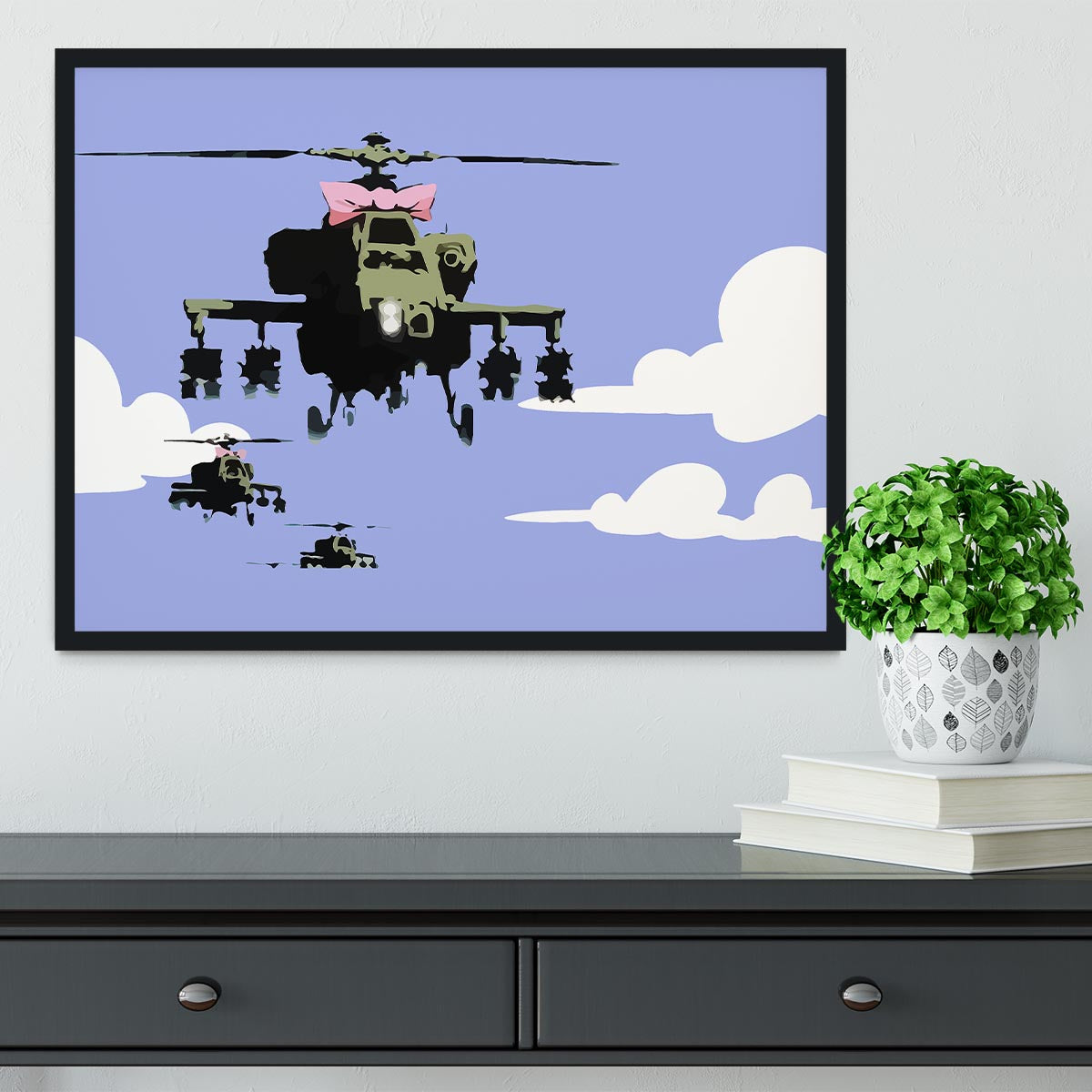 Banksy Friendly Helicopters Blue Framed Print - Canvas Art Rocks - 2